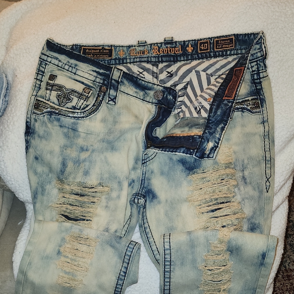 Rock Revival Men's Faded Blue Ripped Jeans